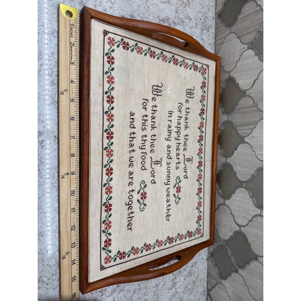 Vintage Wood Serving Tray Cross Stitch Sampler Prayer Needlepoint Under Glass